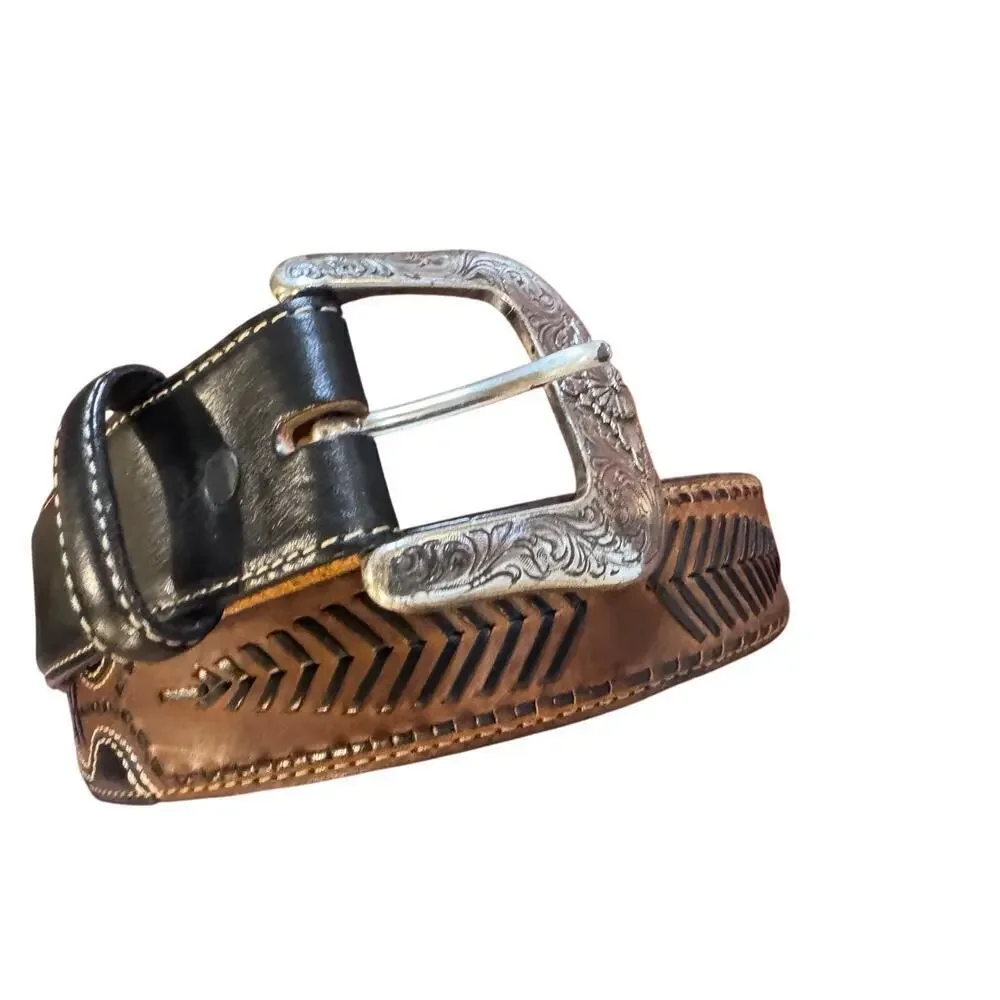 Justin Boots Leather Western Belt Men’s Size 42  C10923 Two-Tone Woven Design